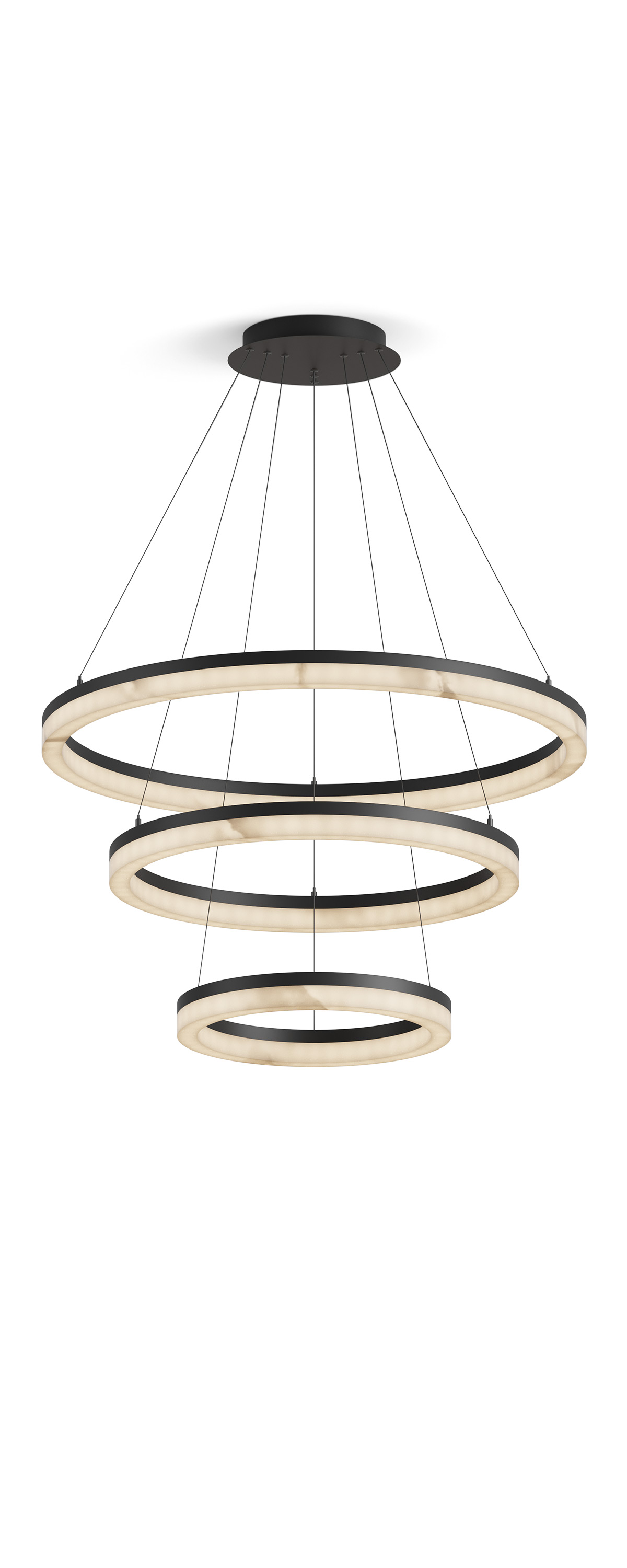 Three rings suspend light; alabaster glows.