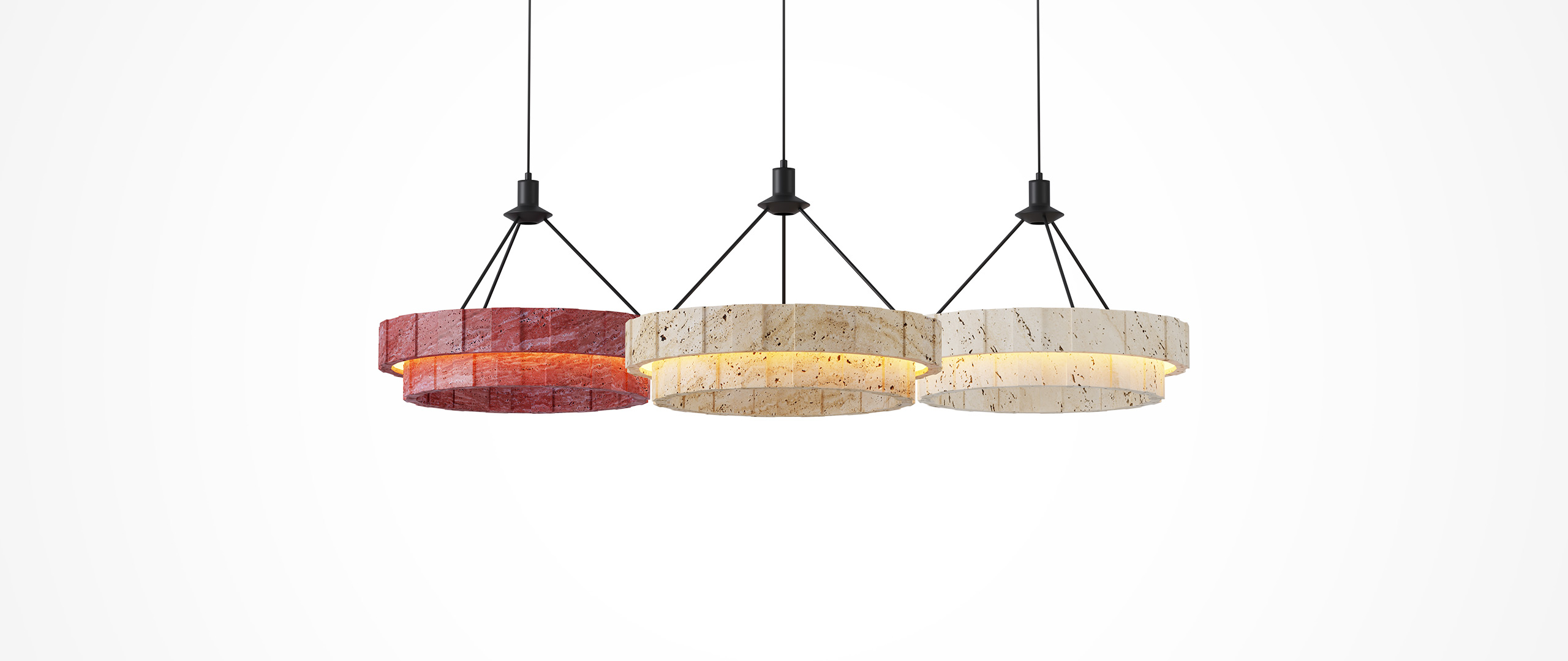 Travertine lighting poster: A suspended stone lamp, its light naturally gentle.